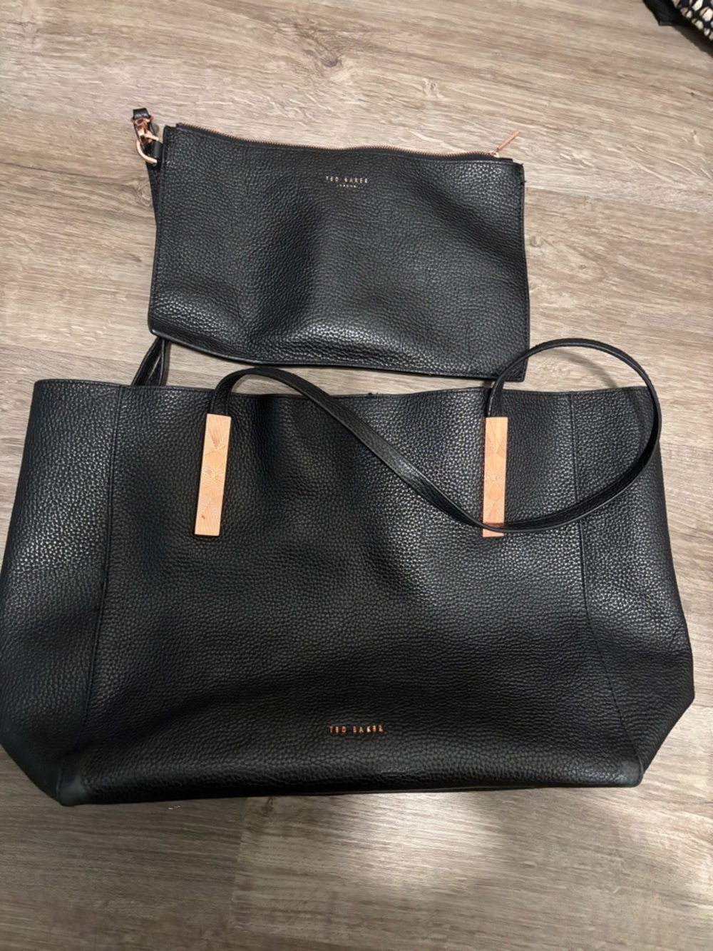 Ted Baker Black Pebbled Leather Tote with Matching Pouch and Gold Accents